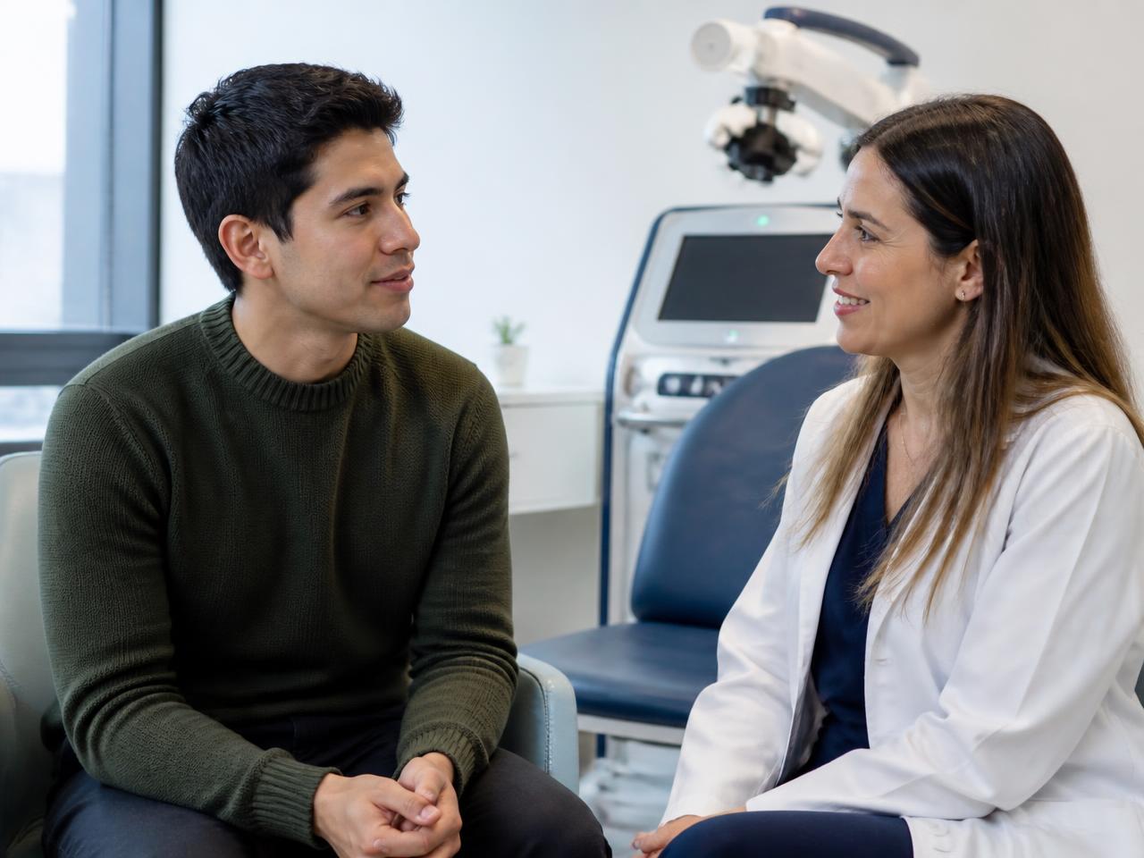 Adulto joven conversando con una profesional en un espacio de tratamiento con neuromodulación