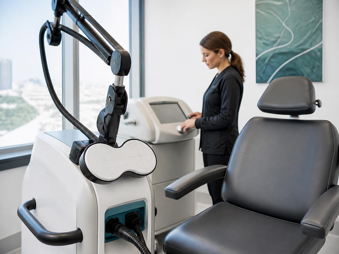 Equipo de estimulación magnética transcraneal preparado en una sala clínica moderna