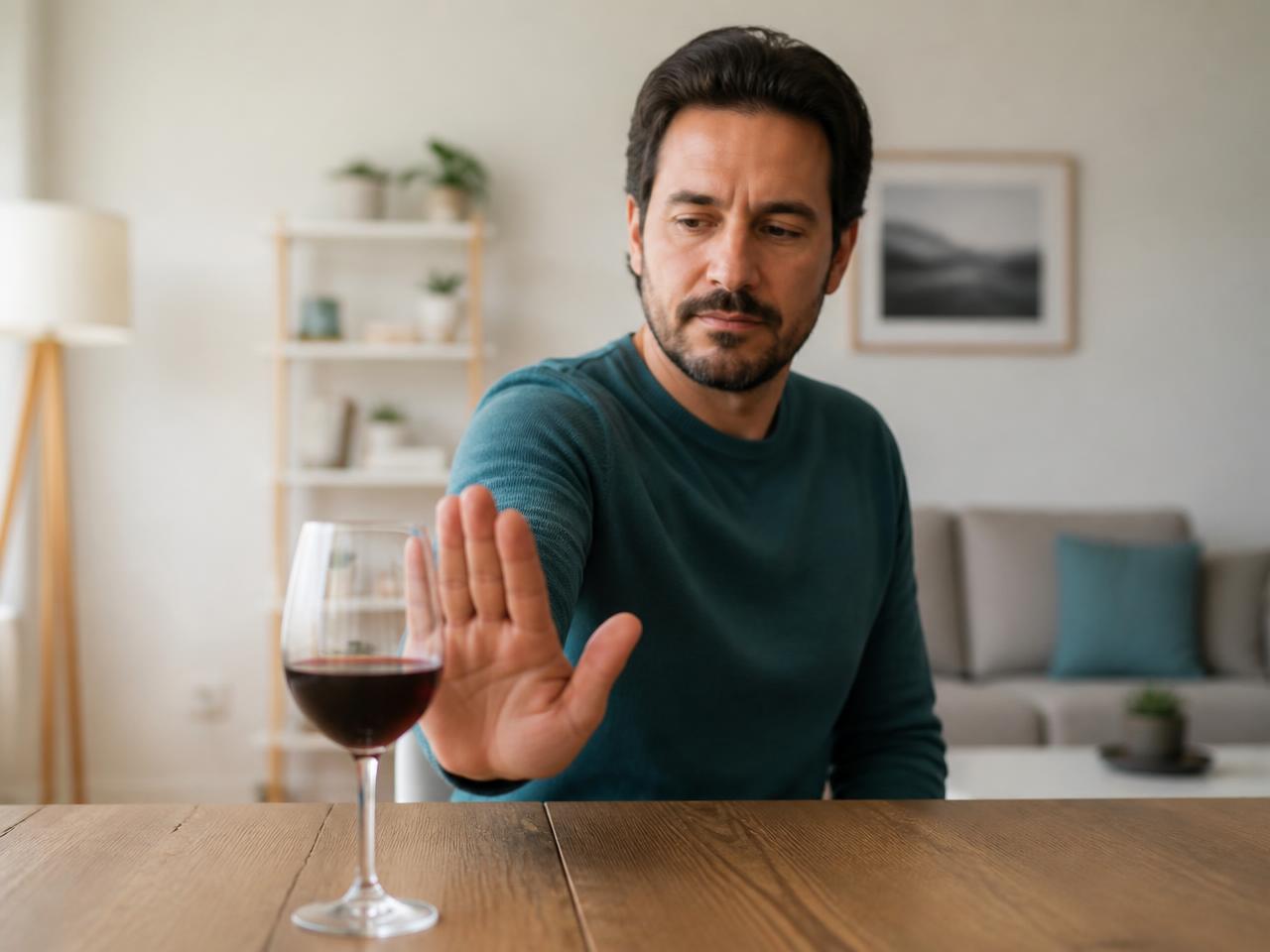 Hombre adulto alejando una copa de vino como parte de una decisión de recuperación