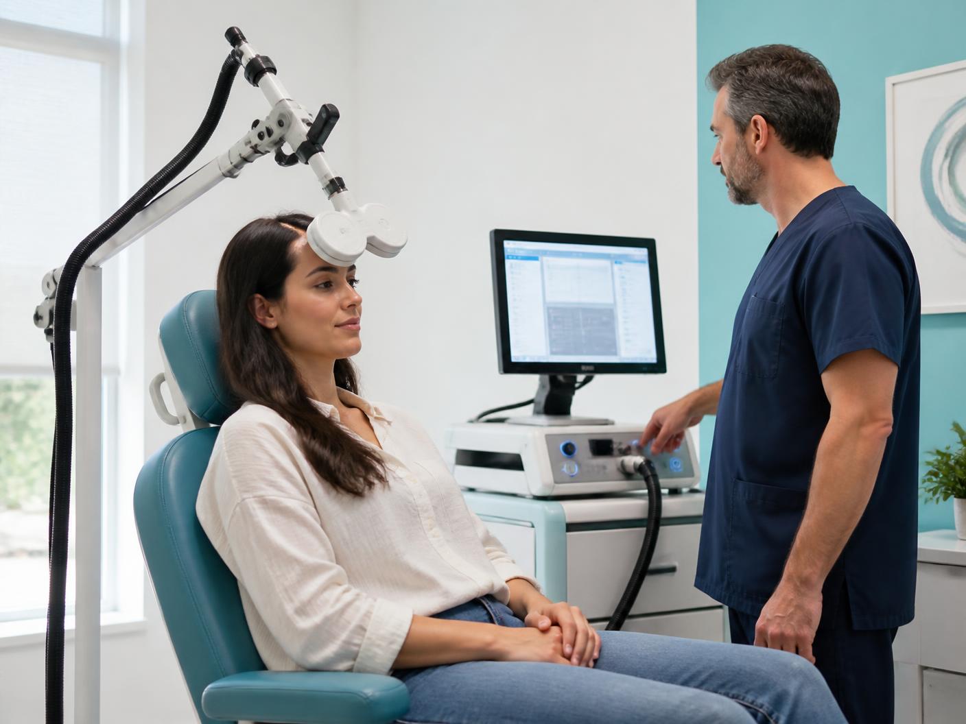 Paciente durante una sesión ambulatoria de estimulación magnética transcraneal con seguimiento profesional