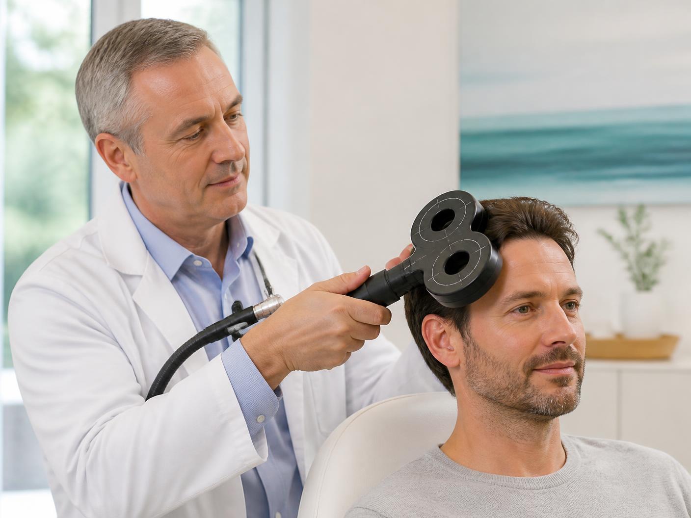 Paciente recibiendo estimulación magnética transcraneal con supervisión médica