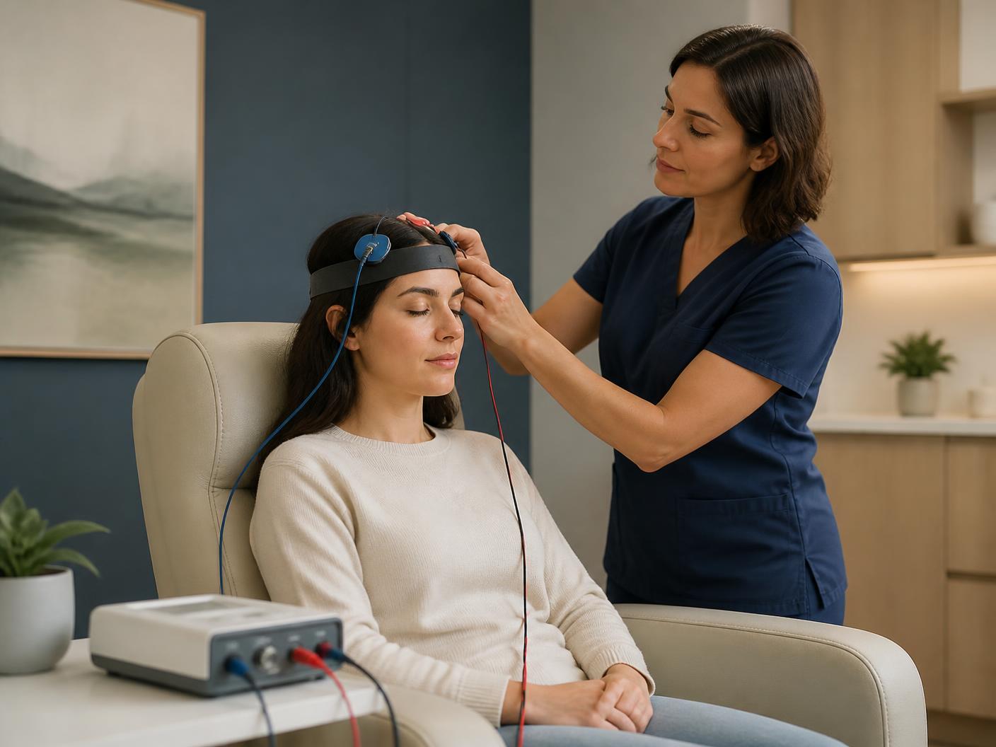 Paciente adulta durante una sesión de estimulación transcraneal por corriente directa tDCS
