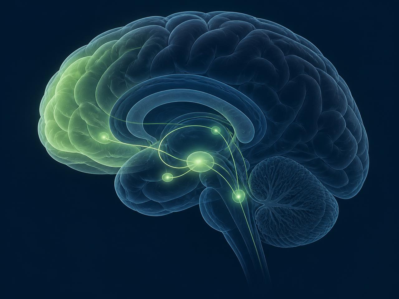 Ilustración médica del cerebro con la corteza prefrontal y el circuito de recompensa destacados