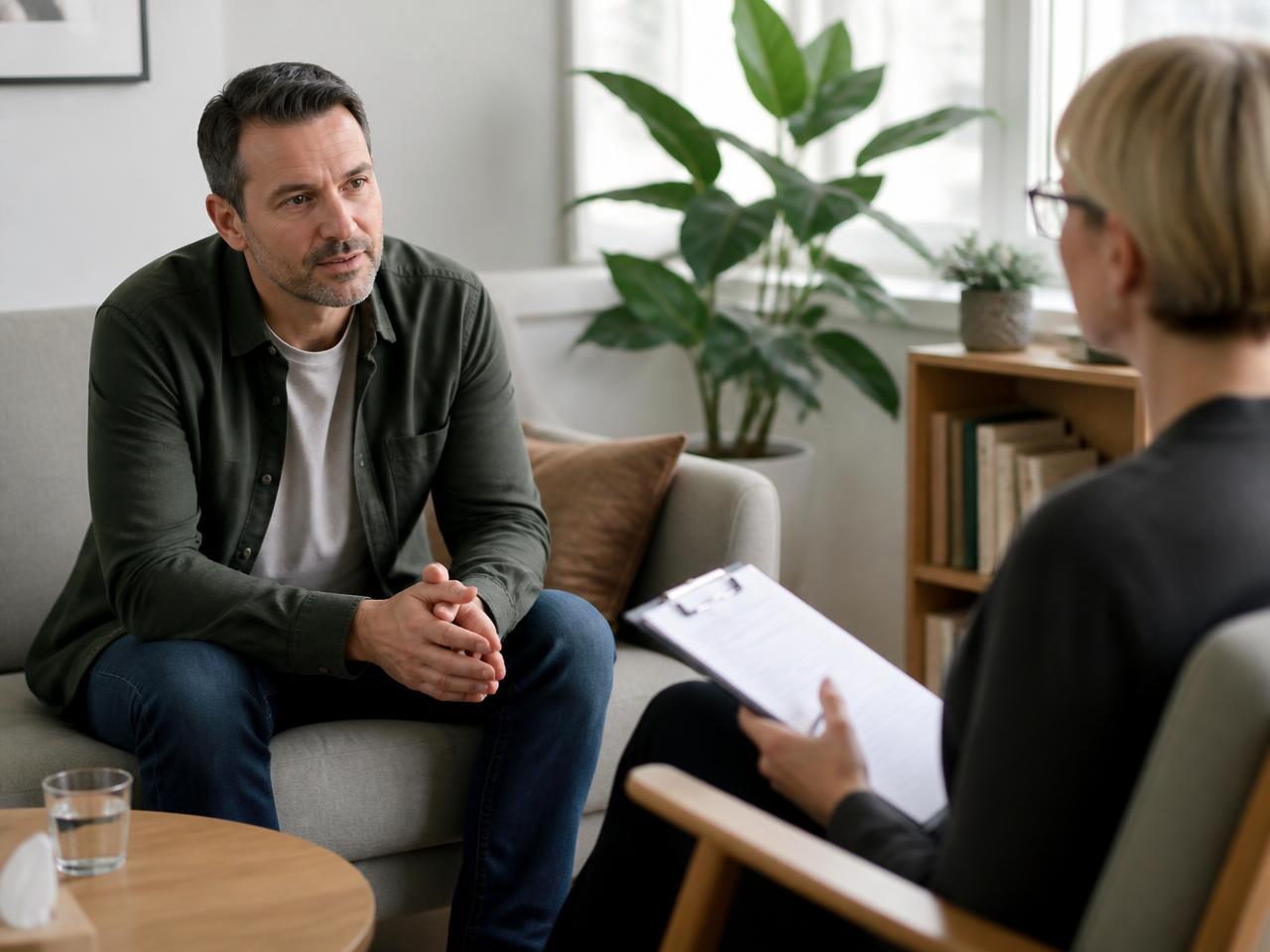 Hombre adulto durante una consulta psiquiátrica en un consultorio luminoso